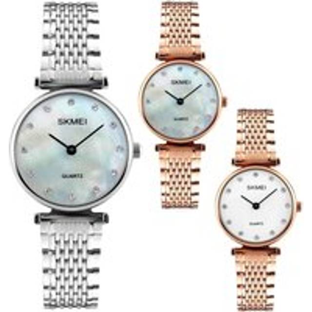 (Silver/Mother Of Pearl) Skmei Women's Watch Rose Gold Or Silver Intricate Link Strap Mesh Style Classic Crystal Stones SK1223
