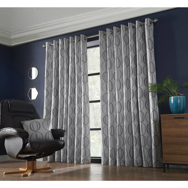 "(66x72"", Silver) Omega Eyelet Ring Top Curtain Pair Fully Lined Curtains Jacquard"