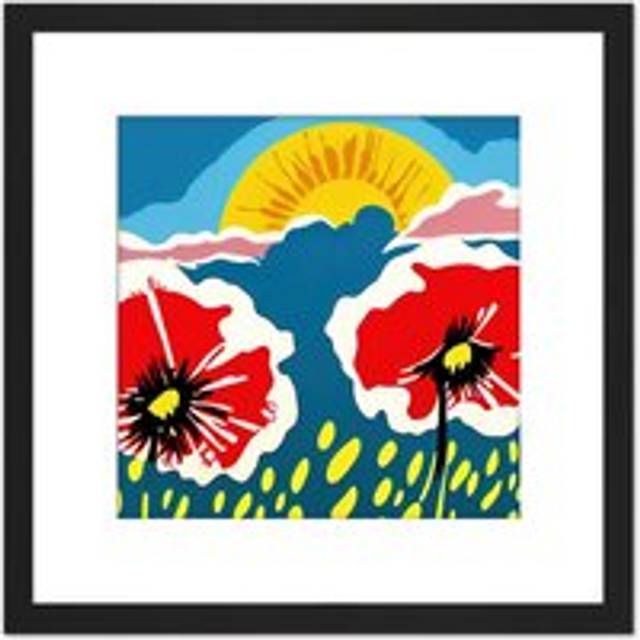 Majestic Sunrise Over Poppy Flower Field Bold Abstract Painting Square Wooden Framed Wall Art Print Picture 8X8 Inch - Black - One Size