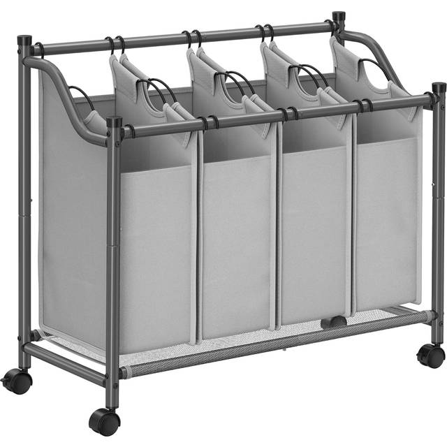 Songmics Tvättkorg, tvättsorterare med 4 avtagbara tygpåsar, rullar, förvaring, 4 x 35 liter, grå LSF005GS