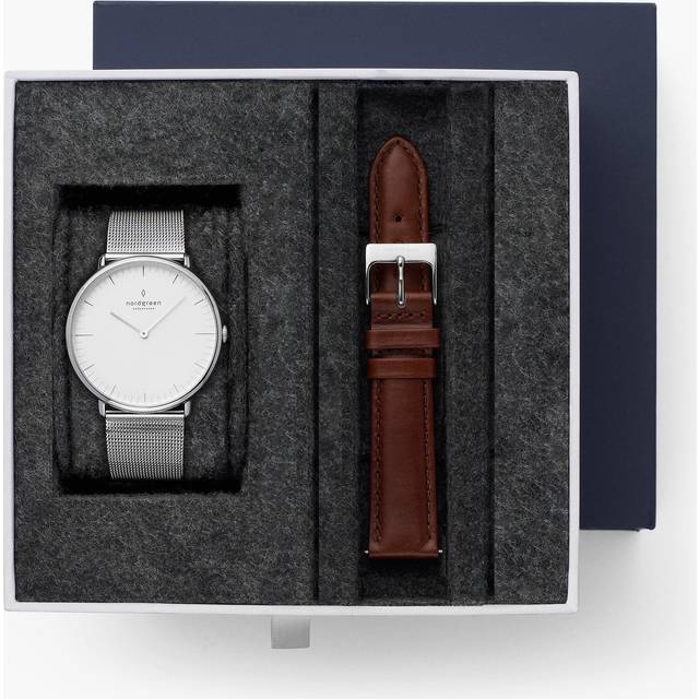 Nordgreen Minimalistist Slim Women's Watch - White Dial - Silver Case - Mesh / Brown Leather 32mm Straps