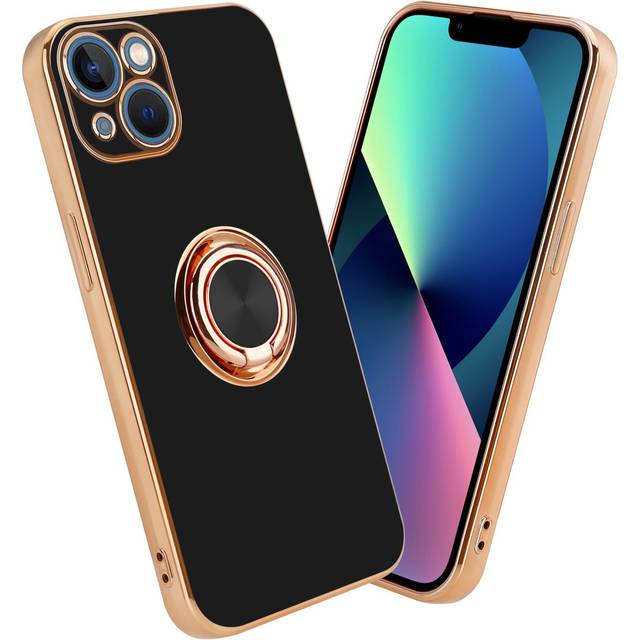(Glossy Black - Gold) Cadorabo Case for Apple iPhone 14 PLUS with ring Protective Cover made of flexible TPU silicone, with camera protection and magn