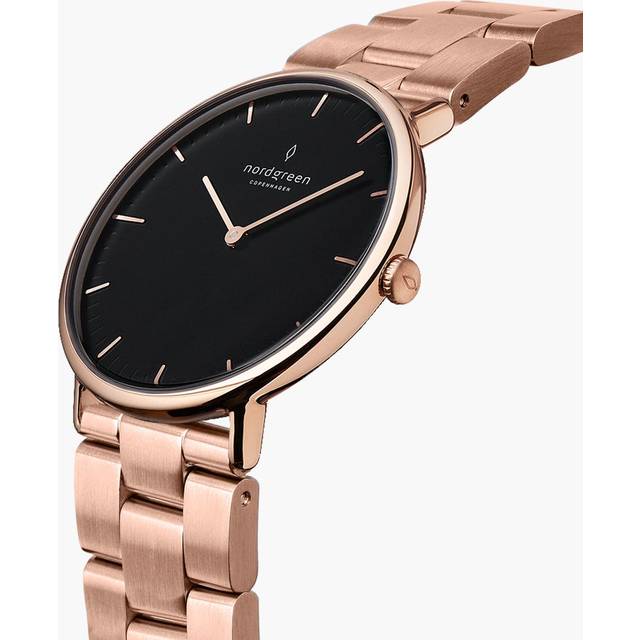 Nordgreen Men's Minimalist Designer Watch - Rose Gold Case - Black Dial - 3 Linked Metal Watch Strap