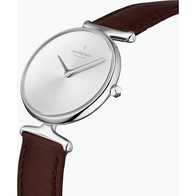 Nordgreen Best Women's Slim Designer Watch - Silver Case - Brushed Metal Dial - 28mm Dark Brown Leather Strap