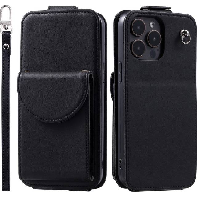 iPhone 15 Pro Vertikalt konstläder Plånboksfodral med Stativ Funktion / Rem - Svart