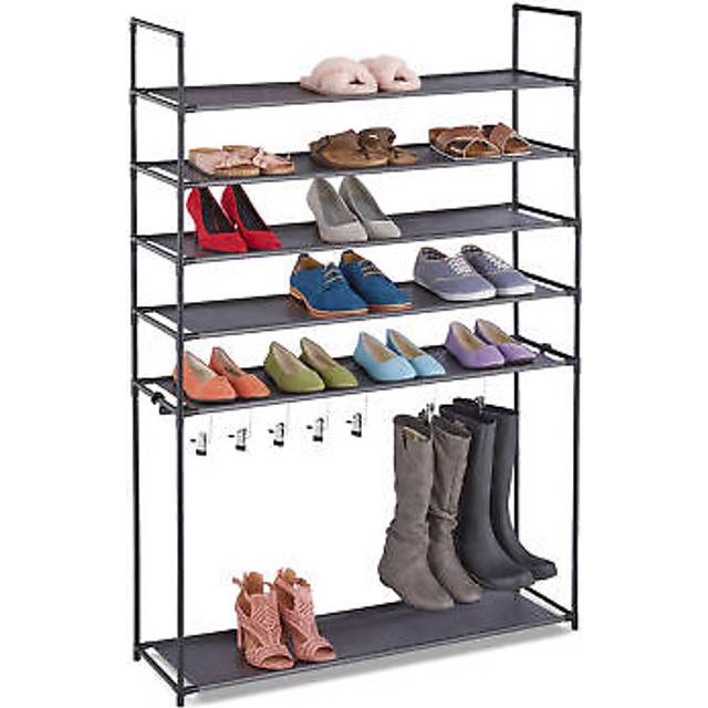 Shoe Rack 6 levels, Plug-in System, Hallway Shoe Rack, 20 Pairs of Shoes, 7 Boot Hooks, Metal & Fabric, White - Relaxdays