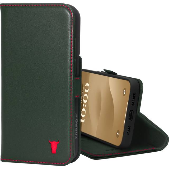iPhone 15 Pro Max Leather Wallet Case v2.0 (MagSafe Charging) - Green with Red Detail