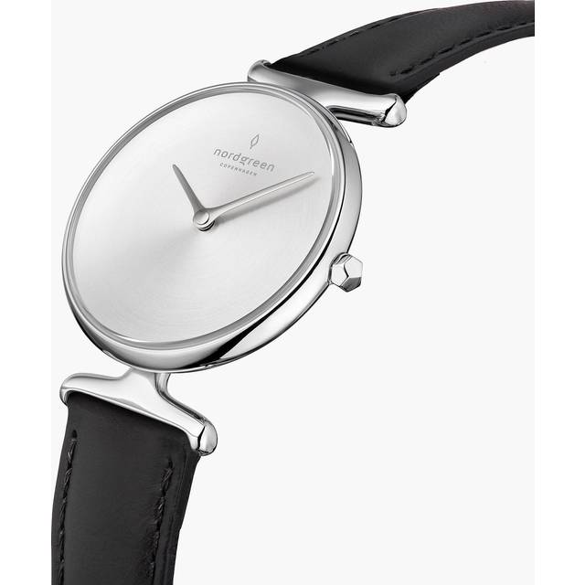 Nordgreen Best Women's Slim Designer Watch - Silver Case - Brushed Metal Dial - 28mm Black Leather Strap