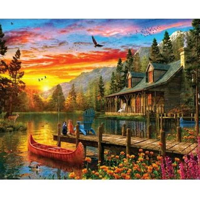 Springbok's 1500 Piece Jigsaw Puzzle Cabin Evening Sunset - Made in USA