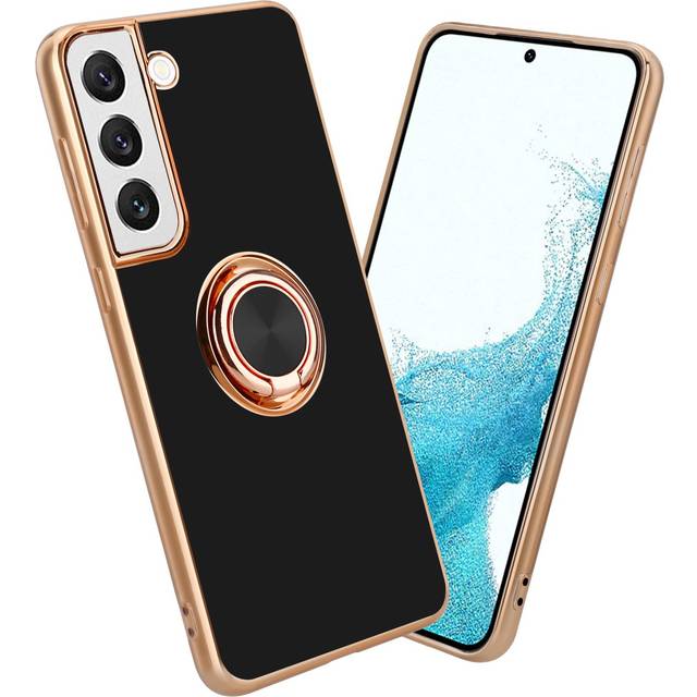 (Glossy Black - Gold) Cadorabo Case for Samsung Galaxy S22 PLUS with ring Protective Cover made of flexible TPU silicone, with camera protection and m