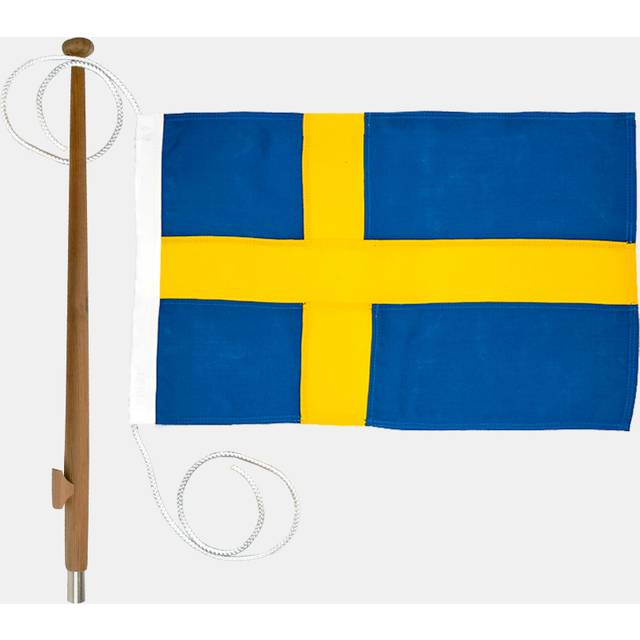Flaggpaket med båtflagga Adela Royal, Sverige, bomullsliknande polyester (230 g / m²), 70 x 44 cm + flaggstång Ø25 mm, 75 cm i teak