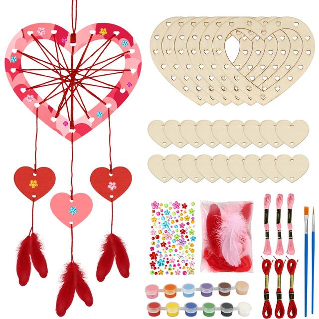 Fennoral 6 Pack Heart Dream Catcher Craft Kit for Kids Paint You Own Love Heart Dream Catcher DIY Coloring Mother's Day Wooden Art and Craft