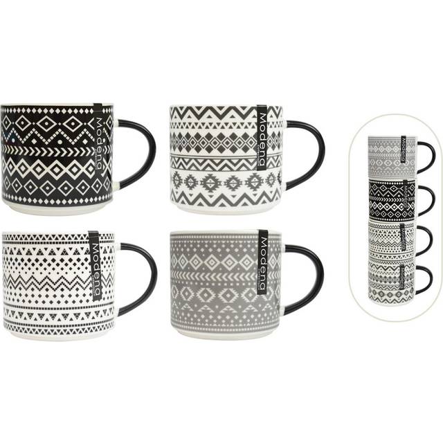 Set of 4 Stacking Mugs Coffee Tea Cups Aztec Black Cream Grey Bone China Large