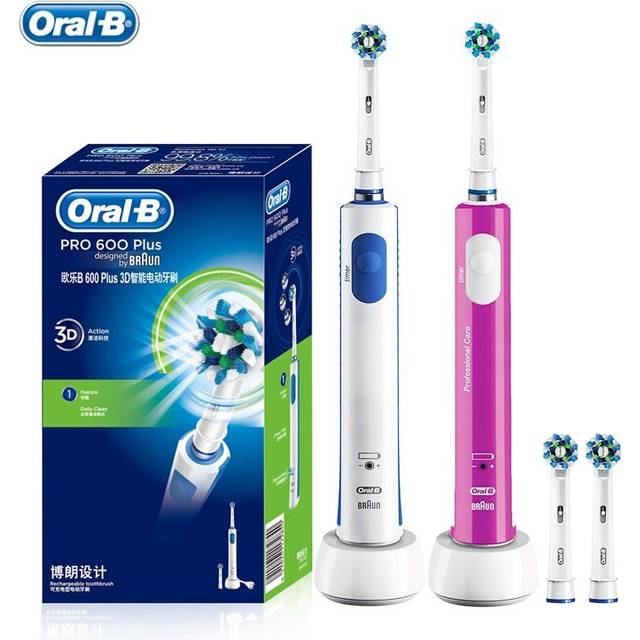Oral-B Pro600 Plus uppladdningsbar elektrisk tandborste Roterande 3D utbytbar korsverkan elektrisk tandborsthuvud Oral B munstycken violett