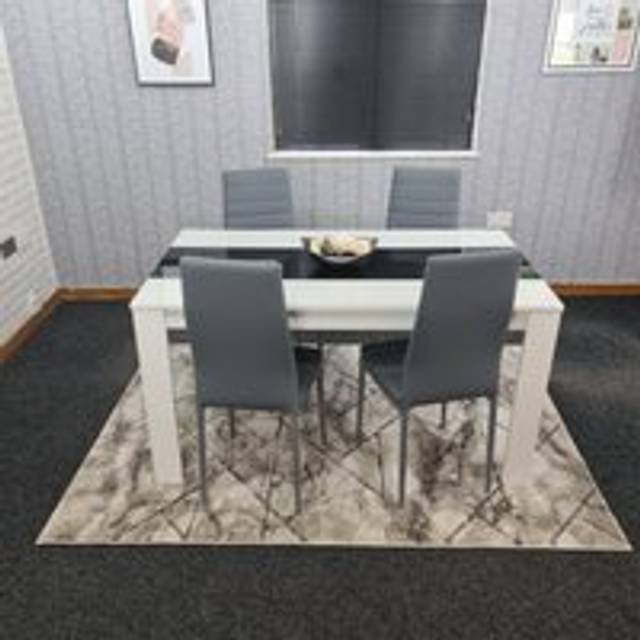 Dining Table and 4 Chairs White Black Wood 4 Leather Grey Chairs Dining Room