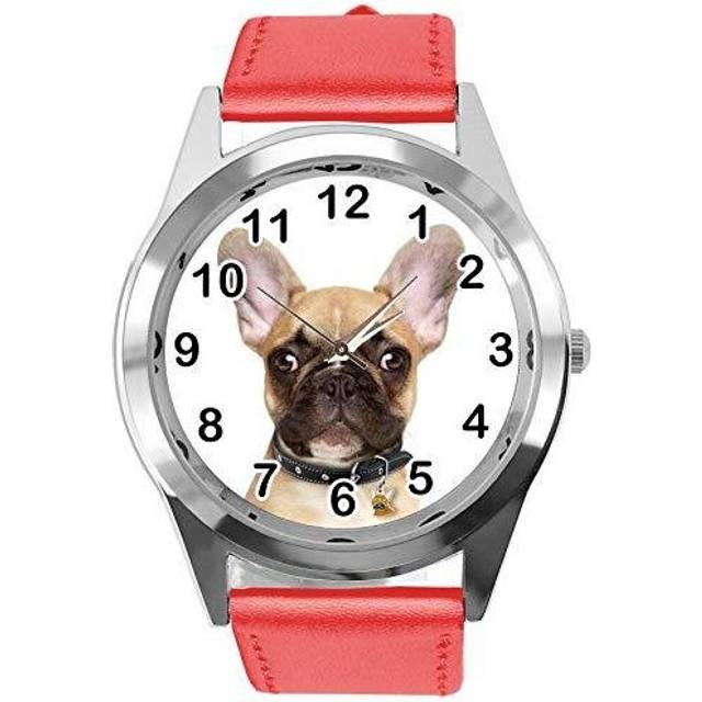 Watch Analogue Quartz with Real Leather Band RED Round for French Bulldog Fans - Red