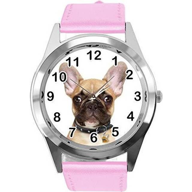 Watch Analogue Quartz with Real Leather Band Pink Round for French Bulldog Fans
