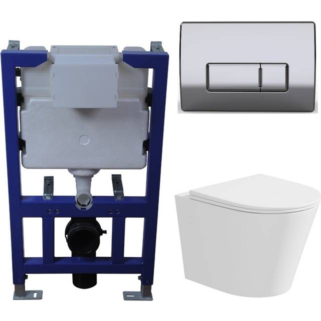 Matt White Wall Hung Rimless Toilet with Soft Close Seat Chrome Pneumatic Flush Plate 820mm Frame & Cistern - Verona
