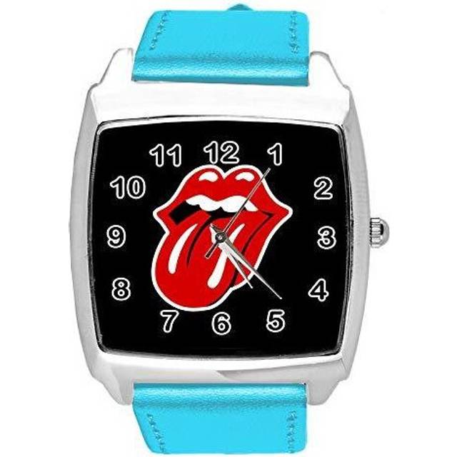 Watch Analogue Quartz with Real Leather Band Blue Square for Fan of Rolling Stones