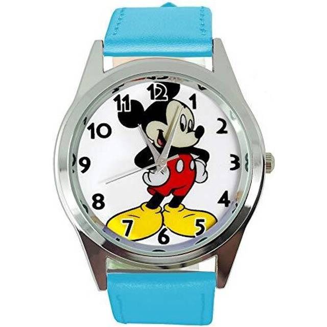 Watch Analogue Quartz with Real Leather Band Blue Round for Fan of Mickey Mouse