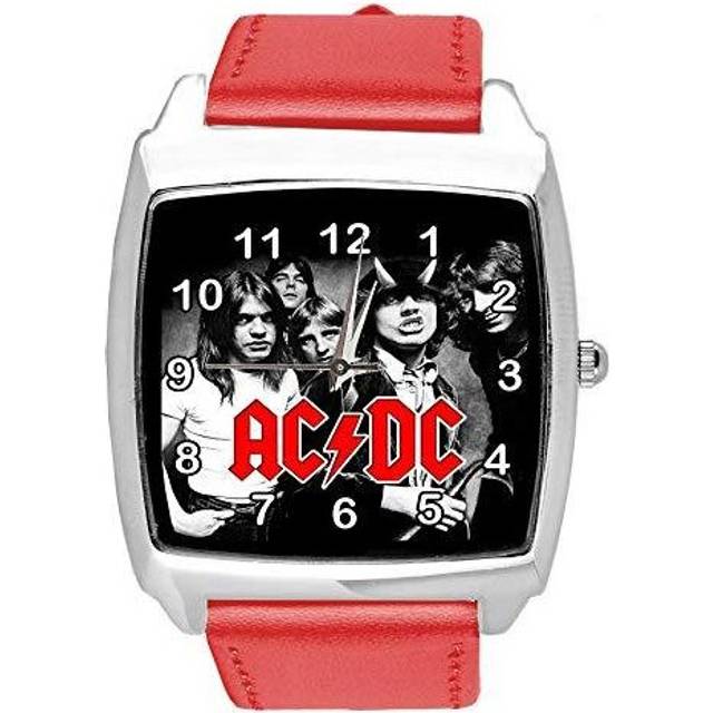 Watch Analogue Quartz with Real Leather Band RED Square for Fan of ACDC