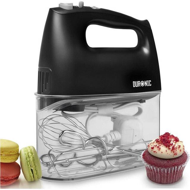 Duronic HM4  /BK Electric Hand Mixer, 5 Speeds, 400W, 5 Attachments: 2 Beaters/2 Dough Hooks/1 Whisk, All-in-One with Built-In Storage Case (black)
