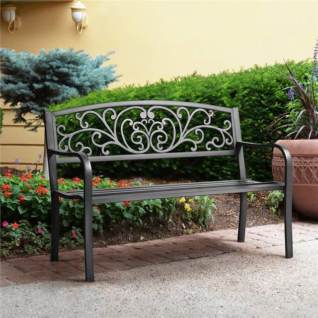 Antique Style Black Iron Garden Bench (86.5cm H X 127cm W X 63cm D)