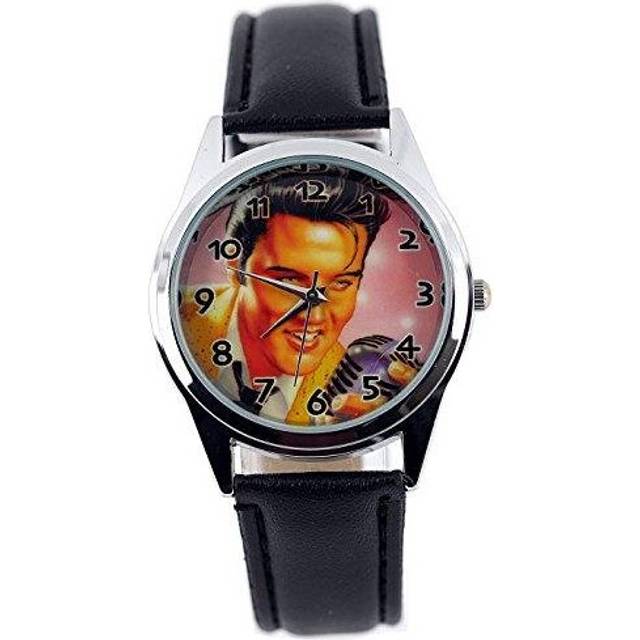 Elvis Presley Quartz Round Watch Real Leather Band Dial  Black