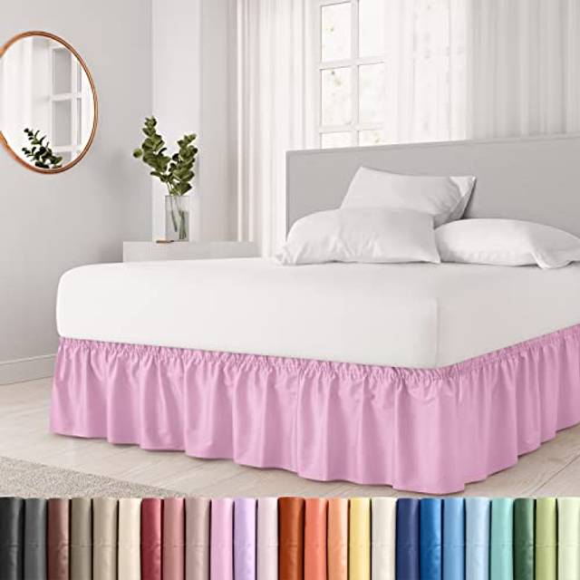 Wrap Around Dust Ruffle Bed Skirt - Light Pink - Made for Full Size Beds with 12 in. Drop - Easy Fit Elastic Strap - Pleated Bedskirt with Brushed Fab