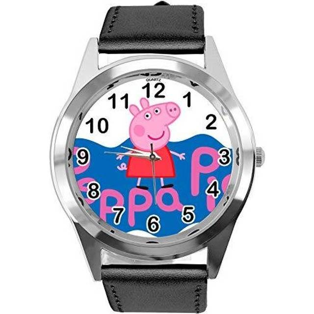 Quartz Watch Black Leather Band Round for Peppa Pig Fans