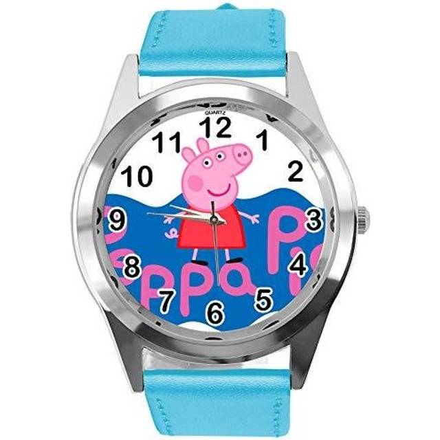 Quartz Watch Blue Leather Band Round for Peppa Pig Fans