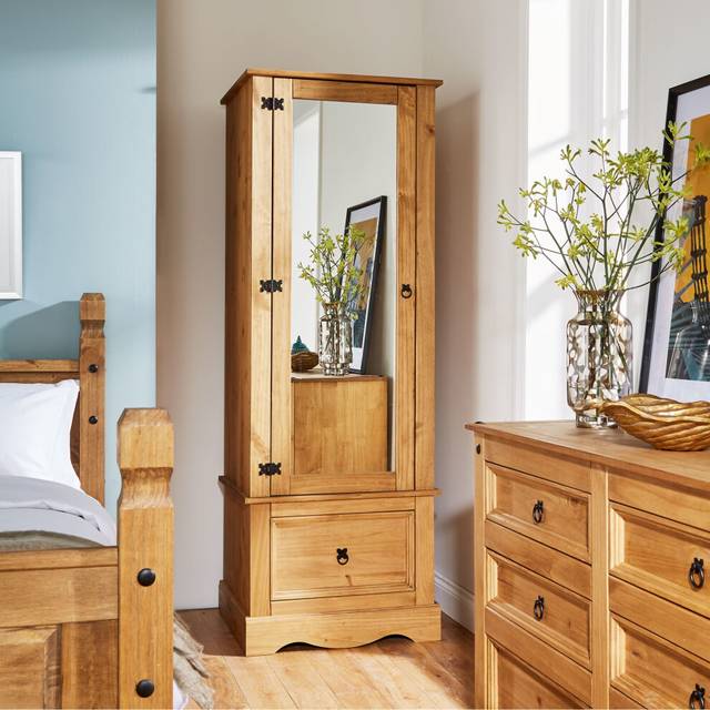 Pine Armoire Wardrobe 1 Door Mirrored 1 Storage Drawer Solid Wood