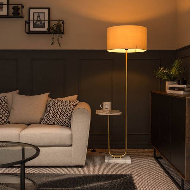 Large curved gold floor lamp marble table storage light fabric shade led bulb
