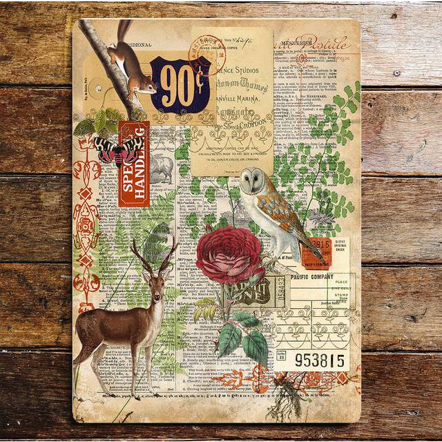 Decoupage Deer Owl Rose Metal Sign Plaque - Brown;Green;Red (20cm H x 15cm W)