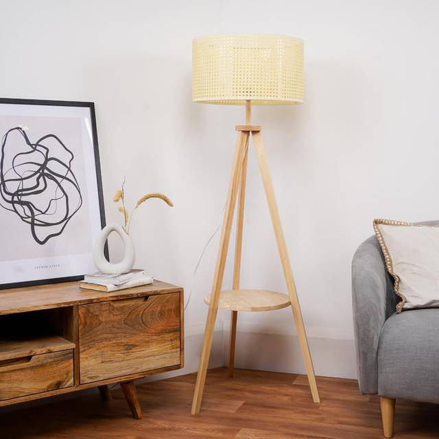 Morrigan Wooden Tripod Floor Lamp with Wicker Cane Drum Shade and Bulb - Natural - One Size