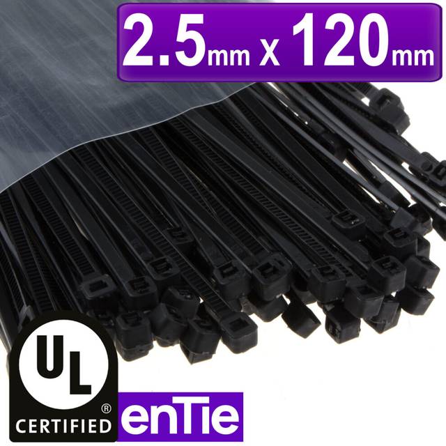 enTie Black Cable Ties 2.5mm x 120mm Nylon 66 UL Approved [100 Pack]