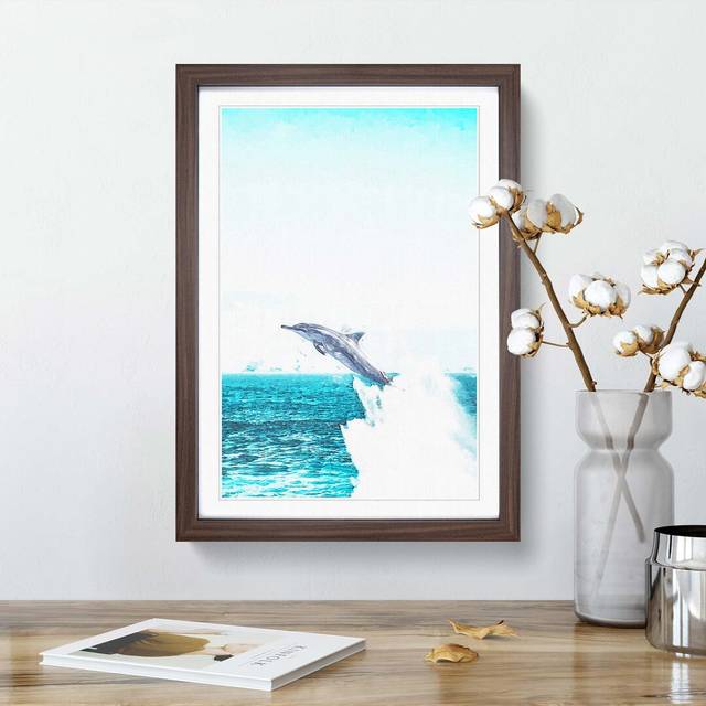 Jumping Dolphin Abstract Art - Picture Frame Graphic Art Print - Walnut (91cm H x 60cm W x 2cm D)
