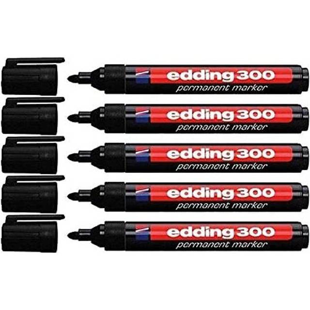 Edding 4-300001 300 Industry Permanent Marker - Bullet Tip - Labelling of Cardboard, Metal, Rubber and Glass, Black (1.5-3 mm, Pack of 5)