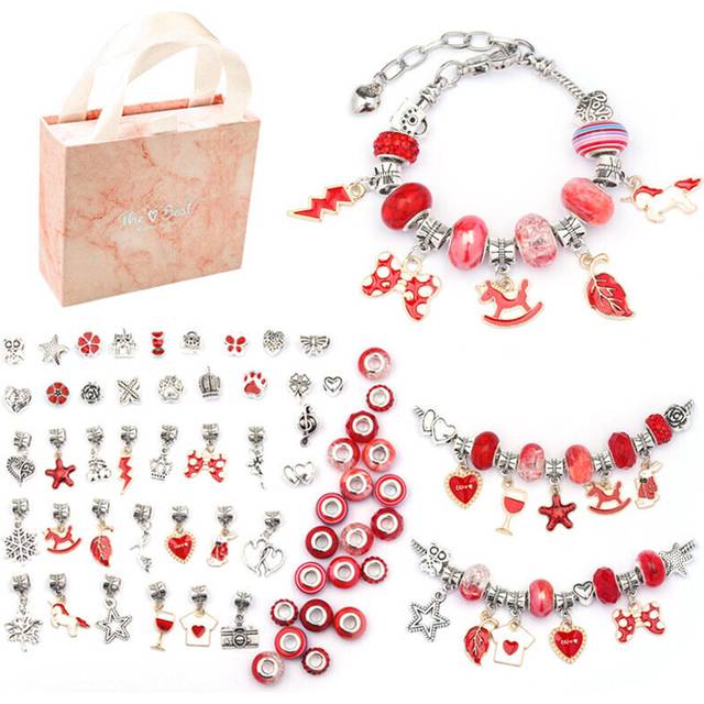 (Red) Bracelet Making Kit Beads Jewellery Charms Pendant Set DIY Craft Girls Kids Gift