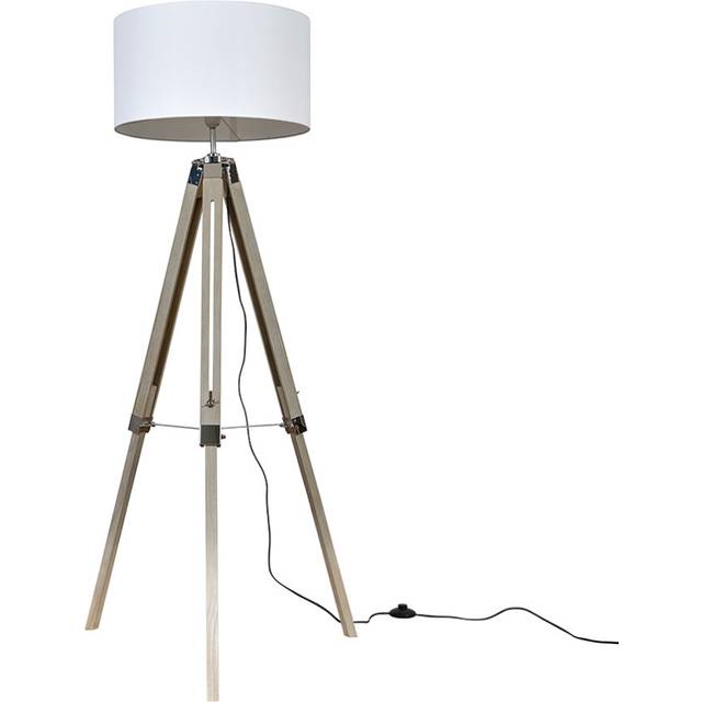Modern Light Wood & Chrome Tripod Floor Lamp with a White Drum Shade - Complete with 6w LED ES E27 Thermo Plastic Frosted GLS Bulb [3000K Warm White]