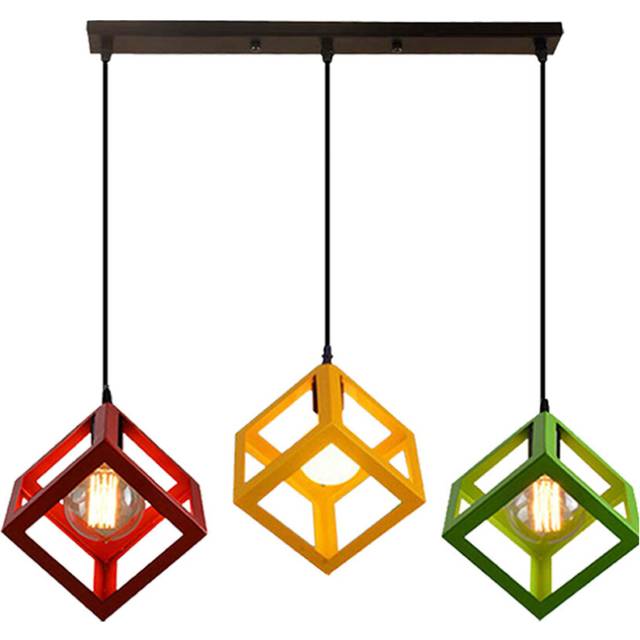 3 Lights Creative Cube Hanging Light Colorful Industrial Pendant Light Chandelier for Kitchen Farmhouse Hallway Indoor?Red+Yellow+Green?