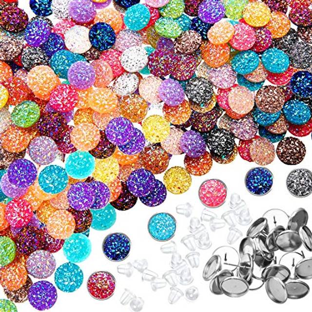 200 Pieces 20 Colors Druzy Resin Cabochons Faux Druzy Cabochons Flat Back Dome Cabochons with 20 Pieces Stainless Steel Stud Earring for Jewelry Makin