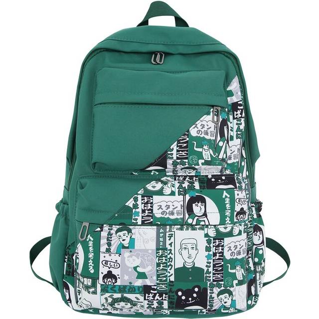 (Green) Harajuku Girl Male School Bag Female Graffiti Print Men Backpack Women Book Boy Bag Nylon Ladies Fashion Laptop Backpack Student