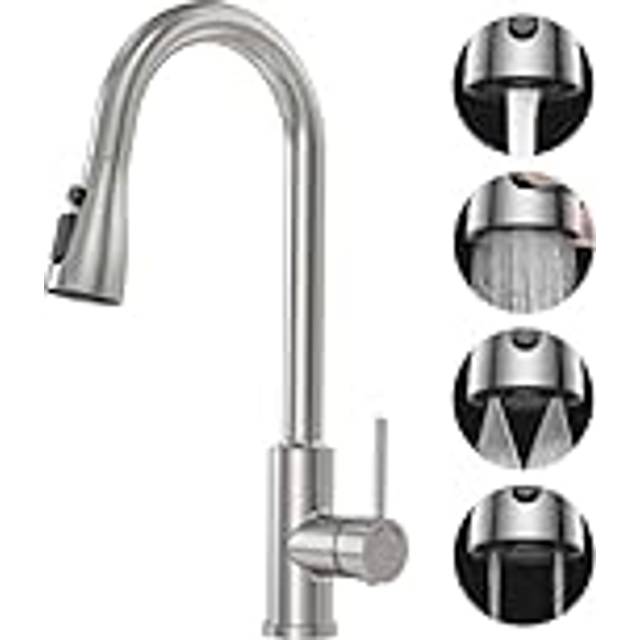 Kitchen Faucet with Extendible Sprayer - SREWOHS PRO Folding Kitchen Sink Mixer Tap with 4 Shower Modes, 360? High Arc Sink Stainless Steel Kitchen