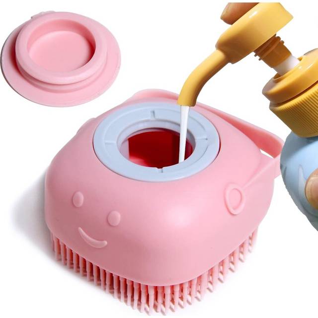 Dog Bath Brush, Pet Massage Brush Shampoo Dispenser, Soft Silicone Brush Rubber Bristle for Dogs and Cats Shower Grooming (Pink)
