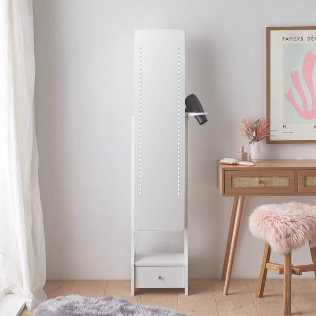 Storage Mirror, Full Length Freestanding Armoire, Tilting Jewellery Cabinet & Floor Mirror For Earrings, Rings & Necklaces - Jewellery Storage Organis - White (158cm H X 47cm W X 33cm D)