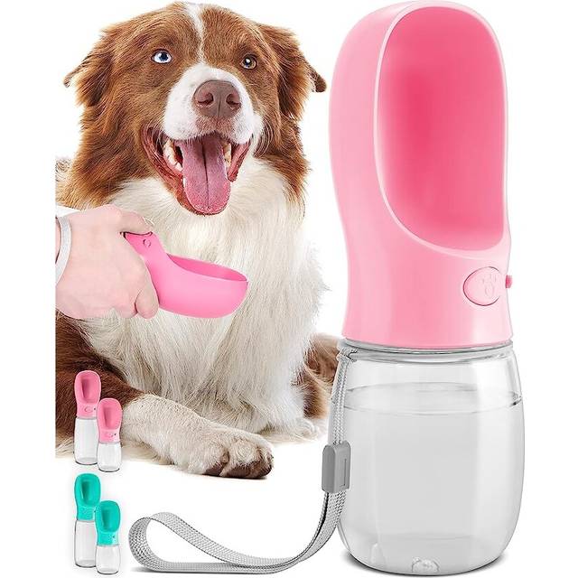 Dog Water Bottle, Leak Proof Portable Puppy Water Dispenser with Drinking Feeder for Pets Outdoor Walking, Travel, Food Grade Plastic (12oz, Pink)