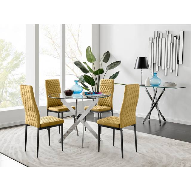 Furniturebox Arona Valera 4 Seater Round Dining Set Mustard Black and Chrome - Yellow