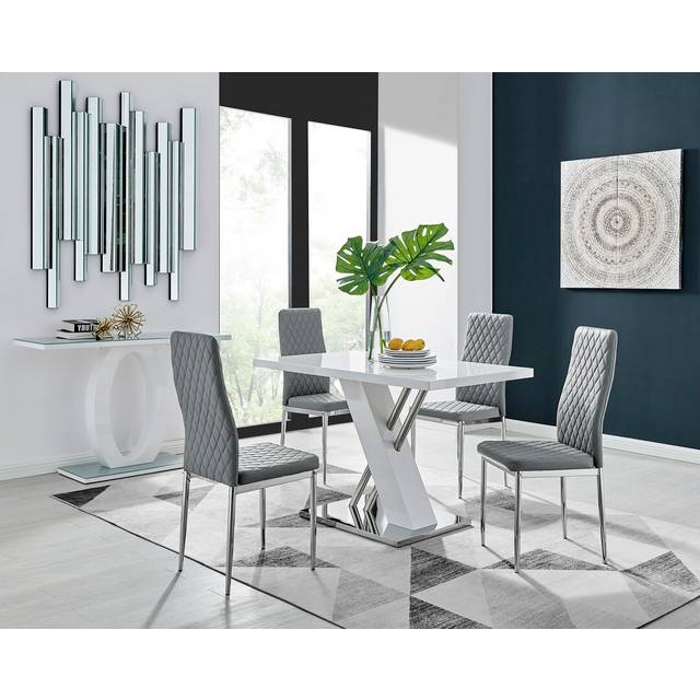 Sorro Cross Luxury High Gloss & Chrome Dining Table Set with 4 Quilted Faux Leather Chairs - Silver (4)