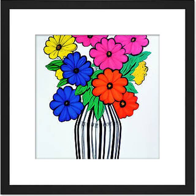 Colourful Daisy Flower Bouquet In Vase Blue Pink Yellow Painting Square Wooden Framed Wall Art Print Picture 8X8 Inch - Black - One Size